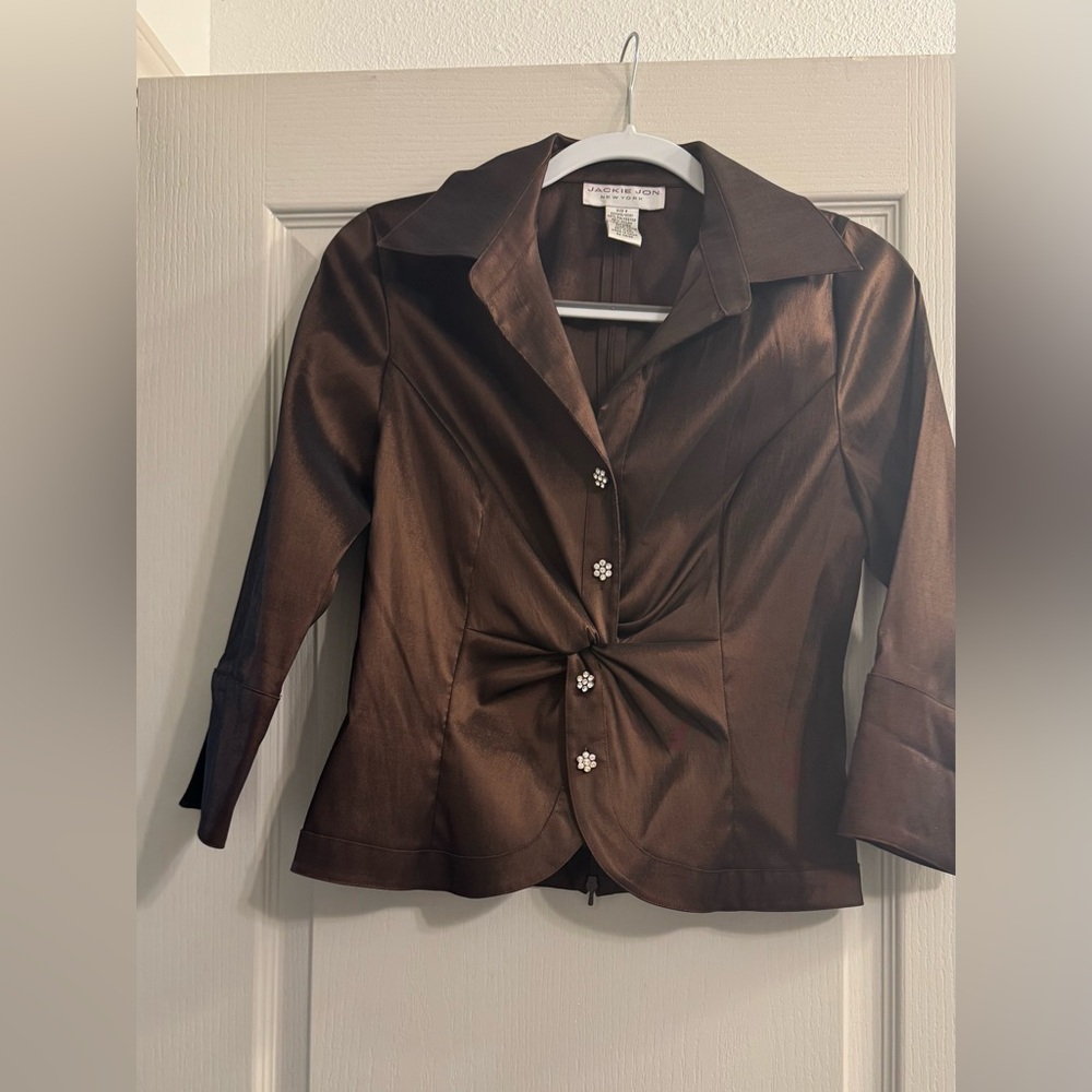 Elegant Brown Blazer with Floral Buttons